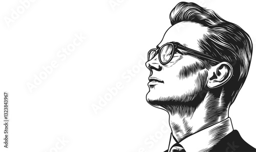 Stylish retro man portrait in glasses, monochrome side view profile vector, linear icons set.