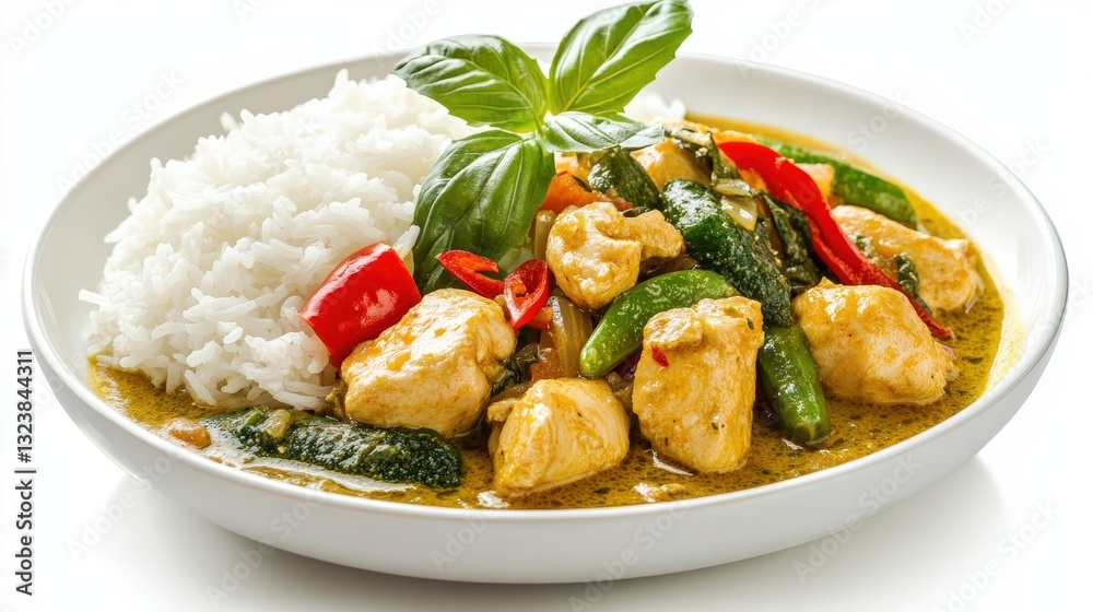 delicious chicken curry with rice and fresh basil, presented on a clean, modern plate delicious chicken curry with rice and fresh basil, presented on a clean, modern plate