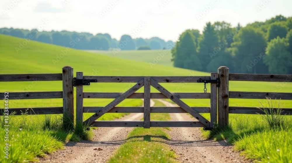 Rustic wooden gate leading to a serene, verdant pasture under a bright summer sky Rustic wooden gate leading to a serene, verdant pasture under a bright summer sky