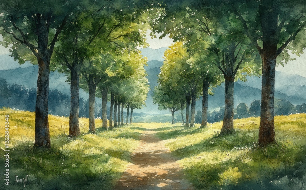 Naklejka premium Serene Countryside Path with Vibrant Green Trees and Misty Hills in Tranquil Summer Landscape