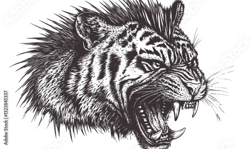 Fierce roaring tiger with spiky mane, black and white vector, linear style, wildlife icons set.