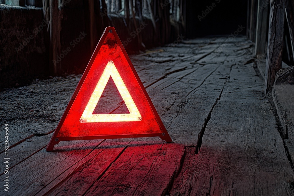 Warning Triangle Light in Dark Abandoned Space with Wood Floor