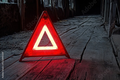 Obraz na płótnie Warning Triangle Light in Dark Abandoned Space with Wood Floor w salonie