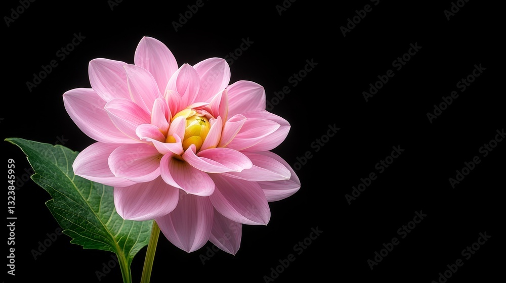 Obraz premium Closeup of vibrant pink flower with lush green leaves on stark black background