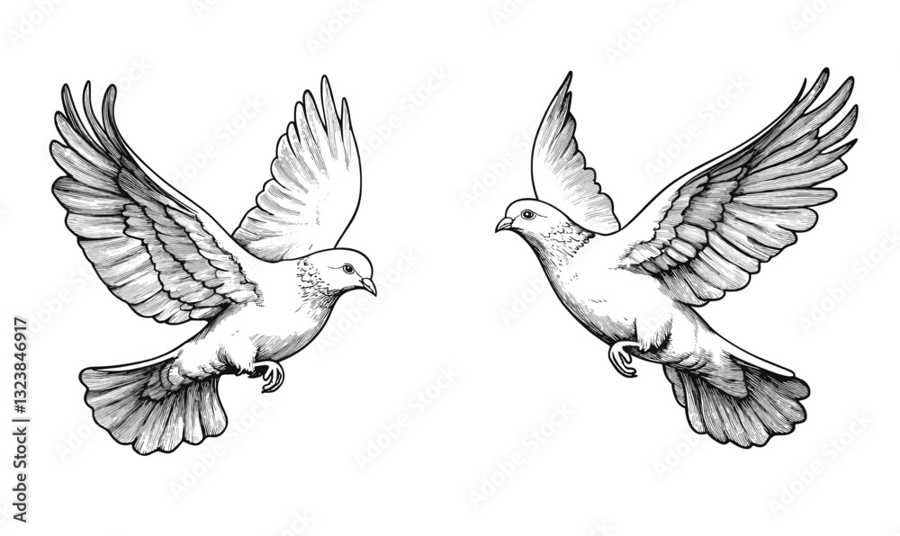 Obraz premium Two doves in flight - flat linear icons set vector.