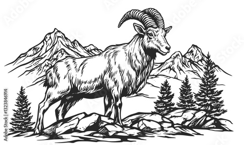 Majestic mountain goat with scenic peaks and trees - flat icons set - vector.