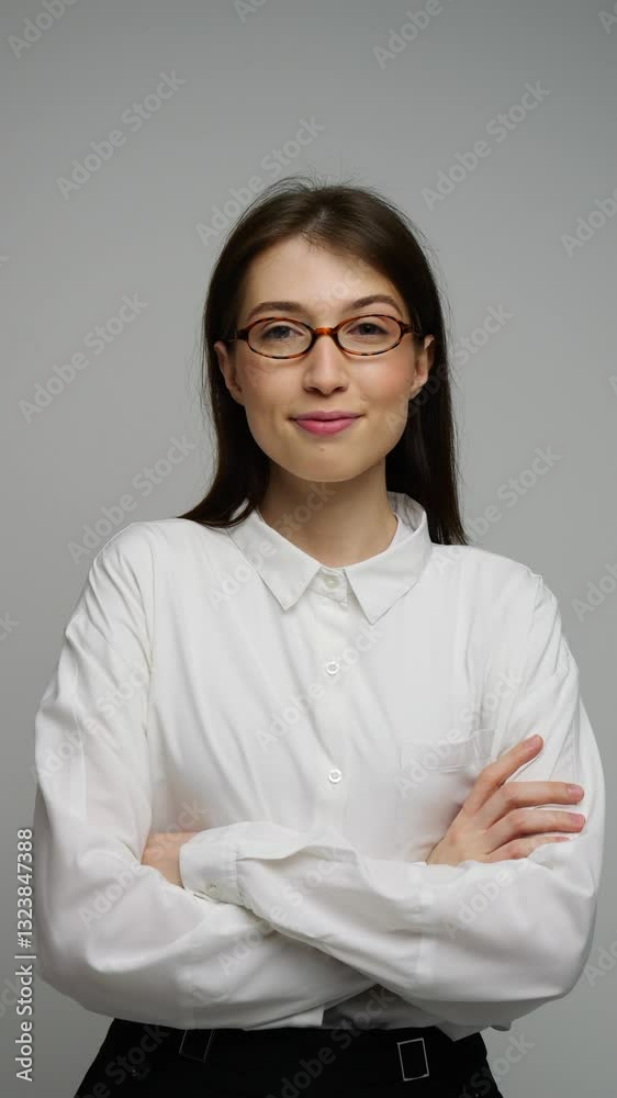 Confident young woman stands with arms crossed, smiling in a minimalist studio background. Confident young woman stands with arms crossed, smiling in a minimalist studio background.