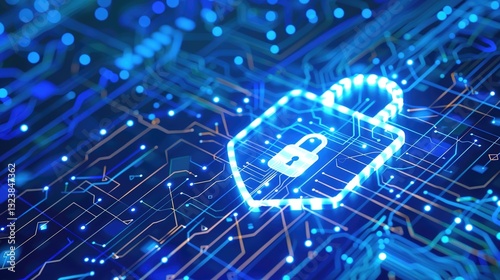 Illustration of a glowing security lock symbolizing technology network system protection, with digital elements and abstract background. Concept of cybersecurity, data encryption, and secure connectiv