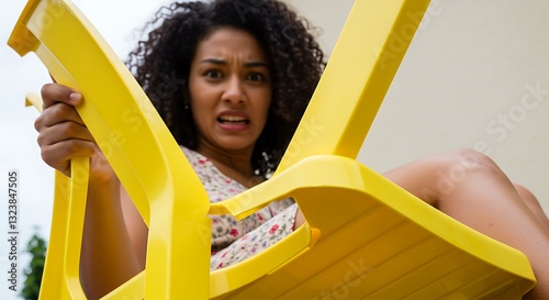 Woman Experiencing Chair Malfunction with Worried Expression and Broken Plastic