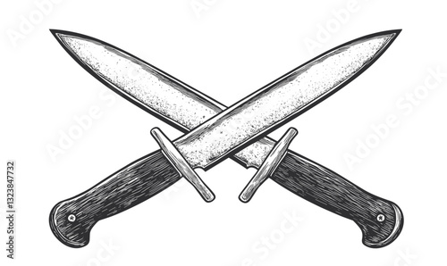 Crossed knives illustration, sharp blades drawing, flat style icons set, vector.
