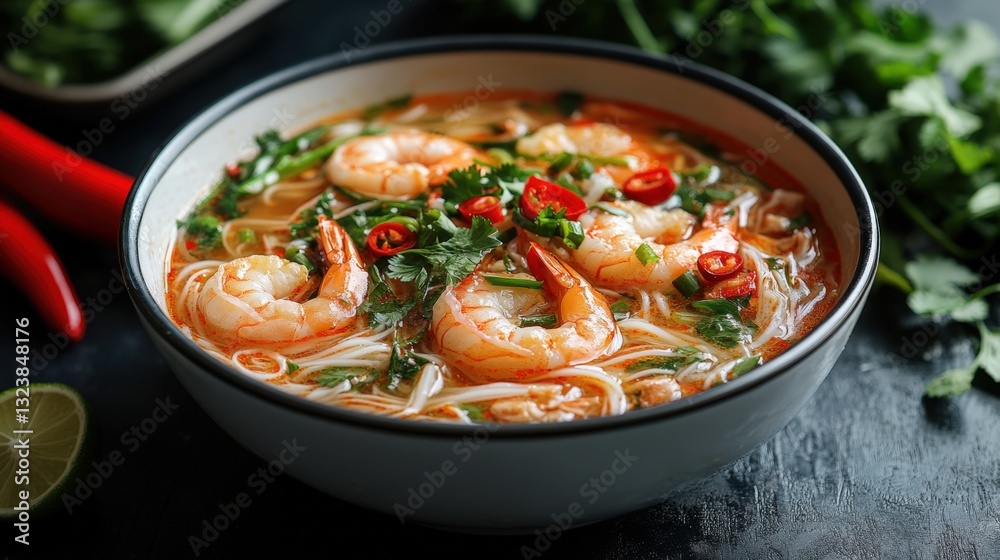 a delicious shrimp noodle soup in a bowl, with fresh ingredients, and vibrant colors. the soup looks appetizing and ready to be served a delicious shrimp noodle soup in a bowl, with fresh ingredients, and vibrant colors. the soup looks appetizing and ready to be served