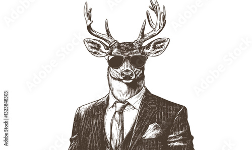 Stylish deer in suit with sunglasses - animal character vector, linear icons set.