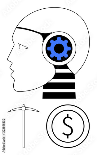 Robot head with visible cog symbol for intelligence, a pickaxe, and a dollar coin. Ideal for technology, AI, finance, mining, innovation digital economy future. Flat simple metaphor