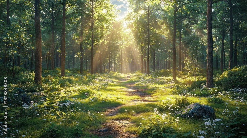 Fototapeta premium Sunbeams illuminate a path through a lush green forest. (1)