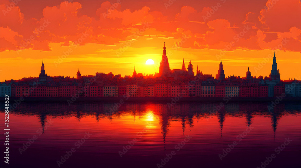 Naklejka premium Cityscape at fiery sunset