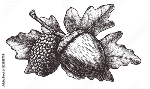 Black and white acorn and pine cone with oak leaves vector, linear icons set.