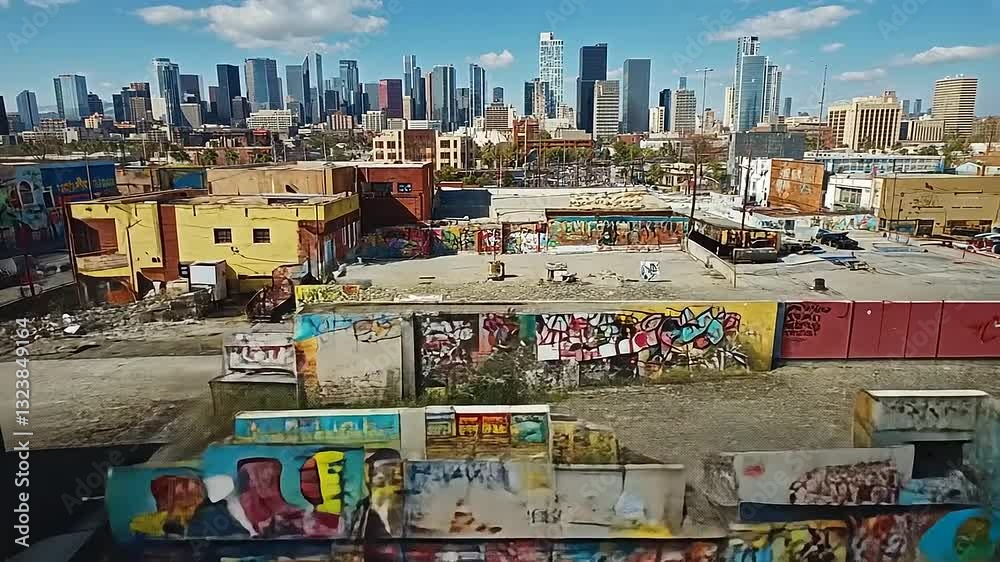 Urban Graffiti Art in Downtown Los Angeles: A Vibrant Contrast of Cityscape and Street Art