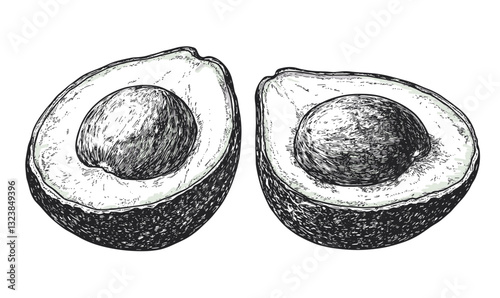 Avocado halves detailed sketch in black and white, linear icons set.