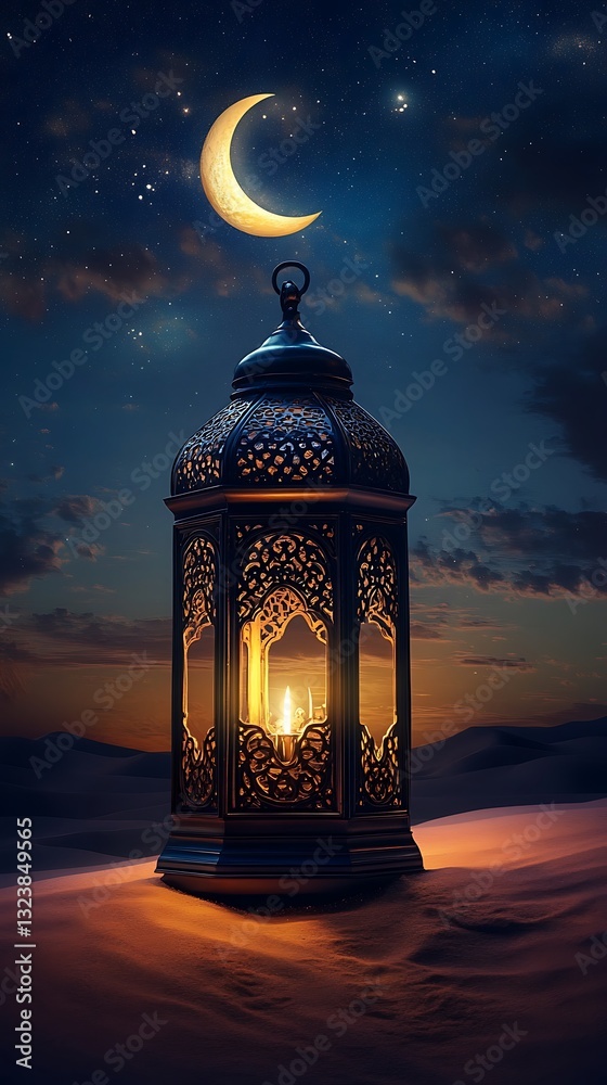 Ramadan Kareem background. Arabic lantern in the desert at night Ramadan Kareem background. Arabic lantern in the desert at night
