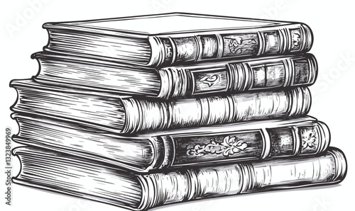 Stack of antique books in black and white, linear style icons set, vector.