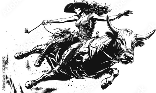 Dynamic rodeo showdown with cowgirl bull rider, western adventure icons set, linear vector.