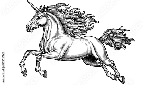 Majestic unicorn with flowing mane in motion, flat icons set, vector.