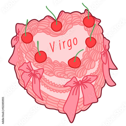 Heart-Shaped Pink Cake With The Word Virgo Surrounded by Red Cherries