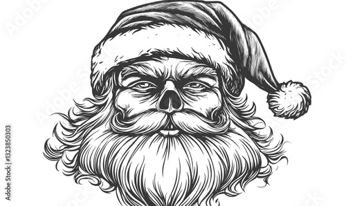 Santa claus in skull design with hat and beard - linear vector icons set.