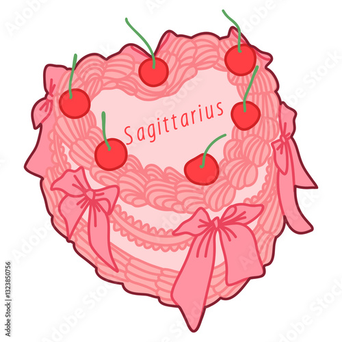 Heart-Shaped Decorative Cake Depicting Sagittarius With Cherries and Pink Bows