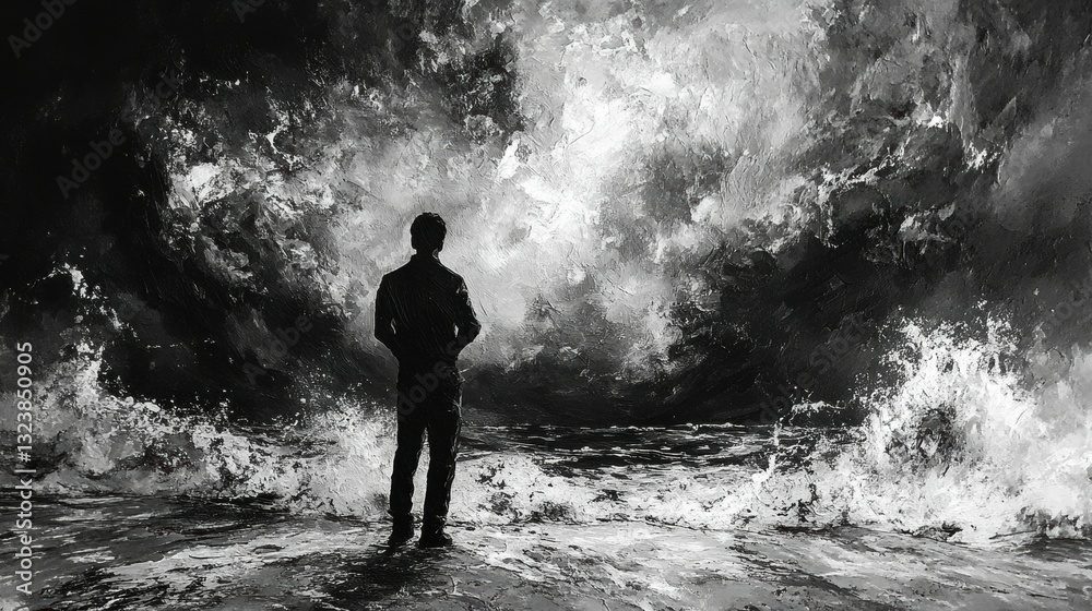 Obraz premium Man against nature a striking seascape of turbulent waves coastal environment dramatic viewpoint