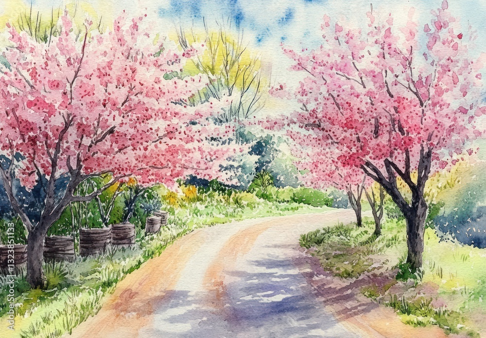 Spring Blossom Road in Serene Countryside