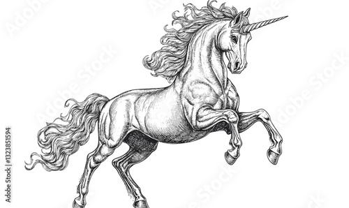 Majestic unicorn with flowing mane, detailed sketch in linear style, icons set vector.