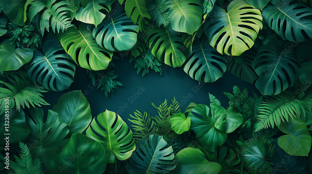 Fototapeta premium Lush Green Tropical Leaves Background – Monstera and Fern Foliage. Vibrant Jungle Leaves – Natural Greenery Wallpaper in 3D. Tropical Forest Foliage – Lush Green Plant Background. Lush Botanical