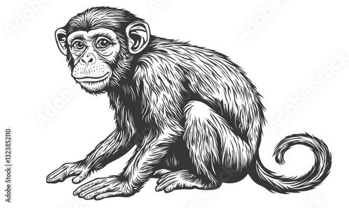 Monkey illustration set in black and white, detailed primate, vector, linear icons set.