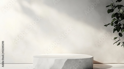 Close-up photo of a white stone podium or pedestal on a light background with plenty of natural light. Can be used for exhibitions, presentations of various businesses and projects.