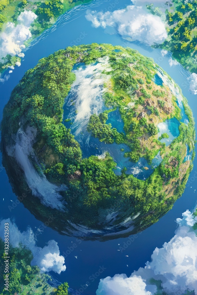 Fototapeta premium Observing Green Earth Planet in Sky with Clouds and White Birds