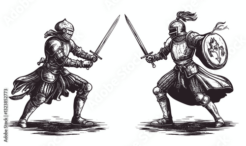 Medieval knights engaged in sword fight - flat icons set vector.