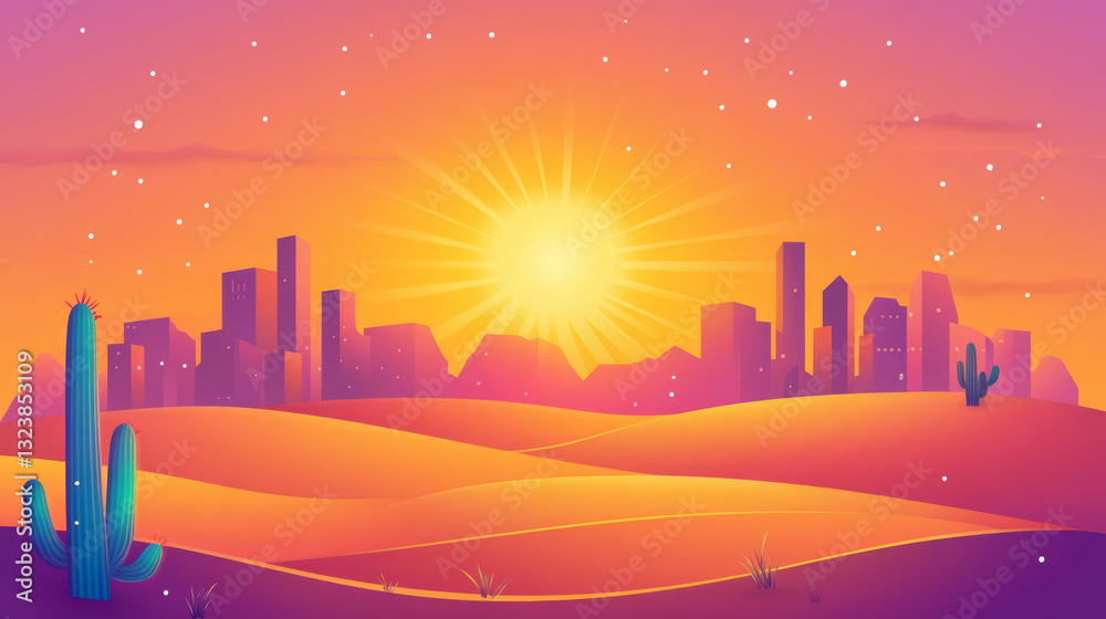 Vibrant abstract city skyline at sunset with colorful skyscrapers, desert landscape, cacti, and glowing sunburst in modern geometric style
Vibrant abstract city skyline at sunset with colorful skyscrapers, desert landscape, cacti, and glowing sunburst in modern geometric style