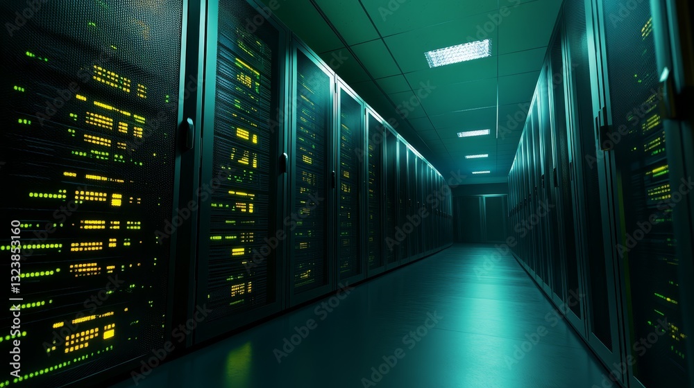 Fototapeta premium Long server room hallway with rows of network equipment and cables for data storage