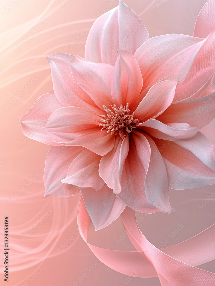 Obraz premium Delicate pink flower with flowing ribbons on soft background