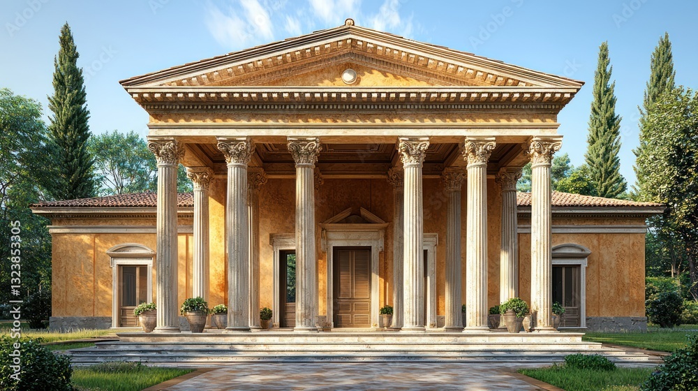 Obraz premium Neoclassical temple-style building with columns, steps, and landscaping.