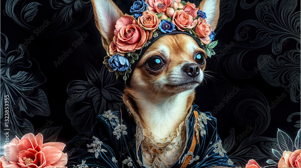 A chihuahua adorned with a floral crown, striking a regal pose.