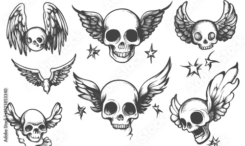 Winged skulls and stars icon set, flat vector style.