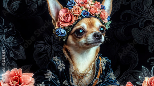 Obraz na płótnie A chihuahua adorned with a floral crown, striking a regal pose. w salonie