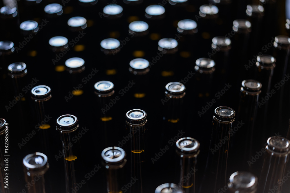 Top view of many wine bottles in a factory.