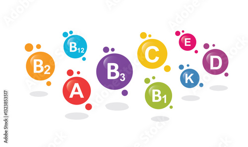 Vitamin B1, B2, B3, B12, C, A, D, E and K vector. Set of Multi Vitamin, complex icons.