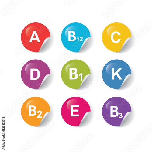 Vitamin B1, B2, B3, B12, C, A, D, E and K vector. Set of Multi Vitamin, complex icons.