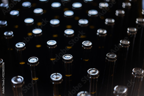 Obraz na płótnie Top view of many wine bottles in a factory. w salonie