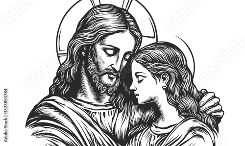 Religious figures embrace in traditional style, black and white vector, linear icons set.