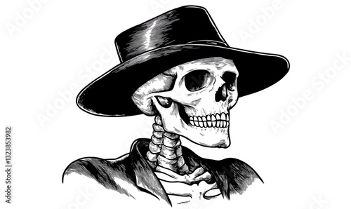 Skull in hat wearing jacket - linear skeleton illustration icons set - vector.